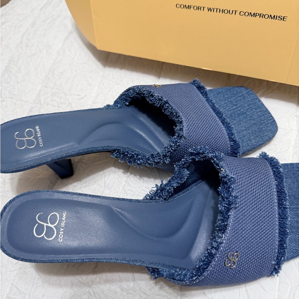 Cosy Island Denim Blue Heels with Frayed Detailing - Picture 5 of 6